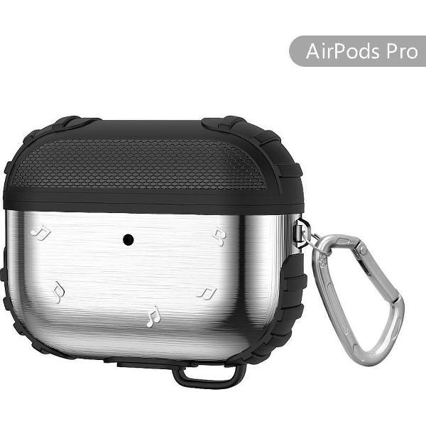 DrPhone APC1 Metalen Siliconen Rugged Case - Shockproof – 360 Graden bescherming - Met Haak – Geschikt voor Airpods Pro - Zilver/Zwart