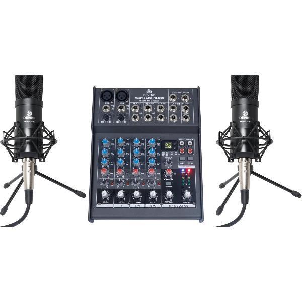Met deze voordelige podcasat-set van Devine beschik je over een compacte MixPad 602-FX-USB mixer en twee M-Mic XLR-condensatormicrofoons, inclusief de benodigde kabels om de set op elkaar aan te sluiten!