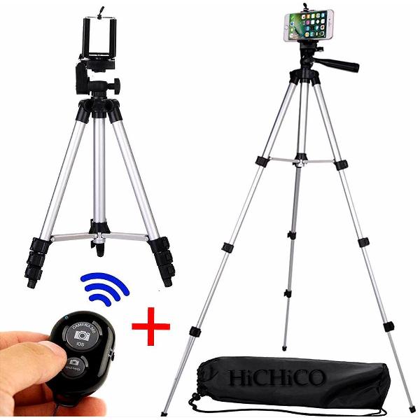 Smartphone Tripod Camera Statief 102 Cm Zilver voor Fotocamera en Smartphone - iPhone - Canon – Nikon - Spiegelreflexcamera + Bluetooth Remote Shutter – Eff Pro