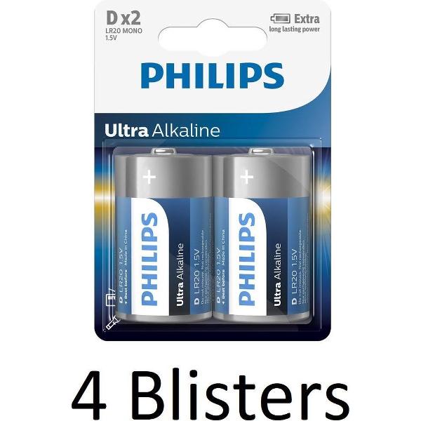 8 Stuks (4 Blisters a 2 st) Philips Ultra Alkaline D Cell Batterijen