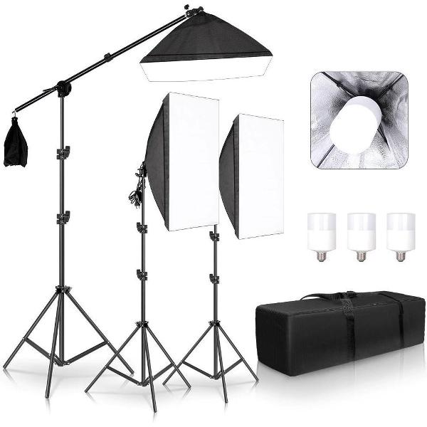 Grandecom® Pro Complete Softbox Studiolamp Set - Met Statief - Diffuser - 20W LED Lampen - 50x70 cm - 200cm hoog - Zwart