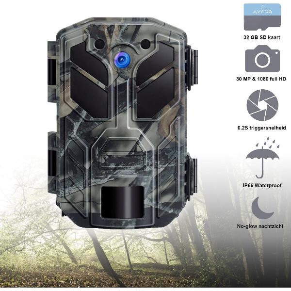 Wildcamera met dag- en nachtzicht - Camera beveiliging buiten - 30 MP - Waterdicht - Met PIR sensor - No glow - Nacht camera - SD kaart 32GB - Wildlife camera voor buiten