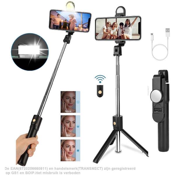 Selfie Stick Tripod Universeel - met Instelbaar Verlichting - met Bluetooth Afstandsbediening - 360°Draaibaar - voor Iphone en Android