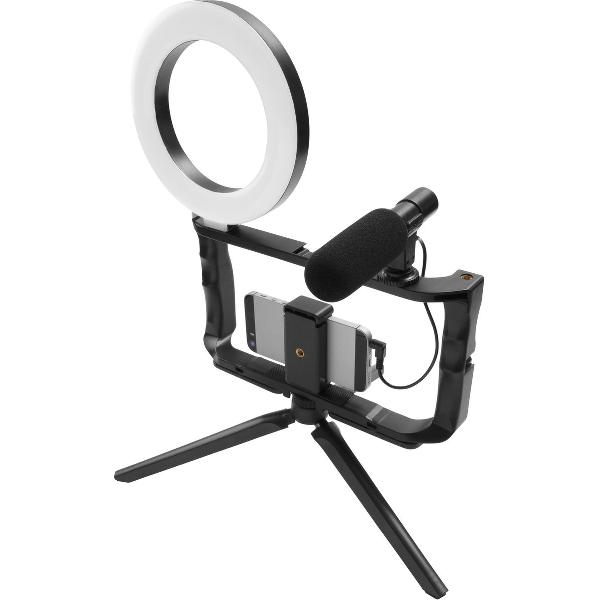 GadgetMonster GDM-1022 Vlogging kit - tripod voor smartphone of camera - frame met 6 inch ring light - inclusief vlogging microfoon