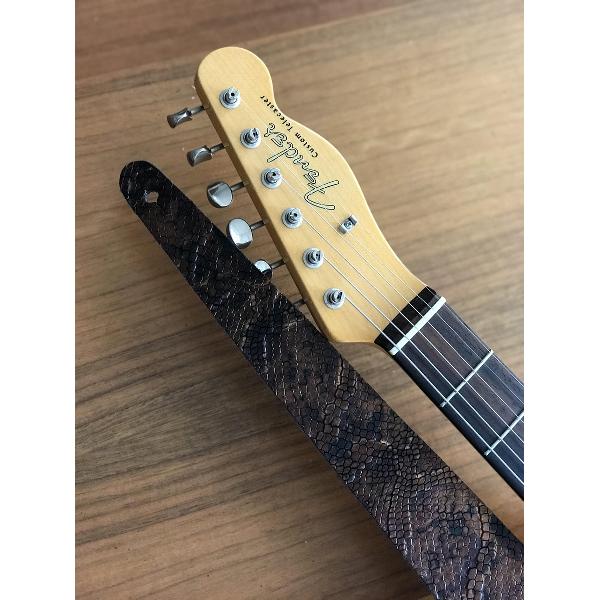 LIAM'S Lederen verstelbare gitaarband donkere croco print goud/bruin - limited run - guitar strap - krokodillen print