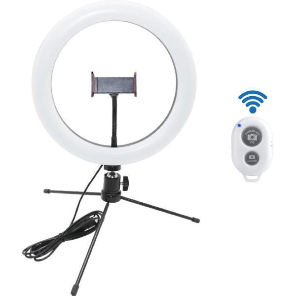 a sunny day ringlamp met tafelstatief, telefoonhouder en bluetooth afstandsbediening – LED - 10 inch / 26 cm