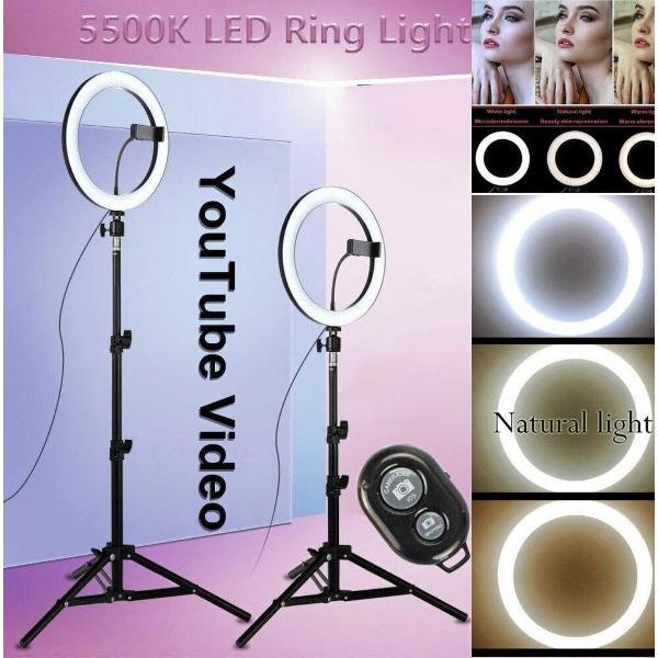 Selfie LED Ring Lamp 20Cm met Statief 210 CM hoog Inclusief Bluetooth afstandsbediening en Telefoonhouder Smartphone, Ring lamp en Statief, Ring Lamp – Ring Light - flitser - Make-up light – Studiolamp – HiCHiCO