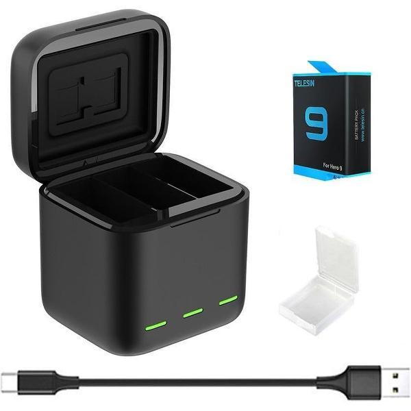 PRO SERIES Led Licht Batterij Oplader met Tf-Kaart Opslag + 1x Batterij 1750 mAh Geschikt voor GoPro Hero 9