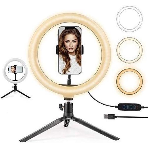 LED Ringlamp met Statief Smartphone | 3 licht niveaus met 10 helderheid niveaus | TikTok | Youtube | Make-up | Selfie Ring Light | ⌀ 26cm | zwart | Studiolamp | Flitser