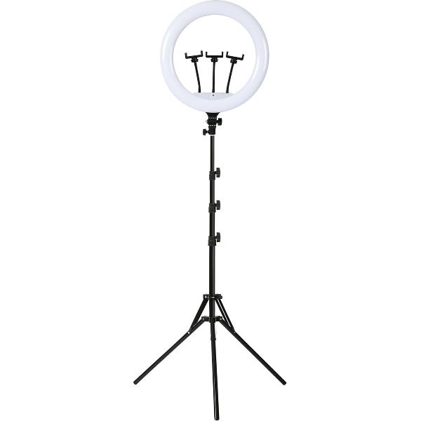 De Los Campos Ringlamp met Statief en Telefoonhouder - Selfie Ring Light Smartphone Houder - Ringlamp - LED Ringlight - Ring Lamp 18 Inch - Studiolamp - Verstelbare hoogte & 360 graden draaibaar - 3 lichtkleuren en 20 lichtstanden - Zwart