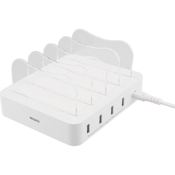 DELTACO USB-AC155, USB Laadstation, 4x USB-A-poorten, 5V DC, 6.8A, 34W, 1.5m kabel, wit