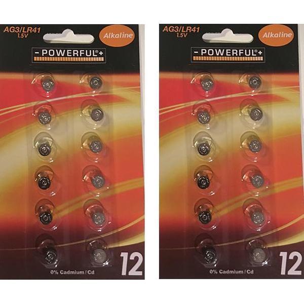 2 verpakkingen Knoopcel 1.5V AG3 / LR41Powerful Alkaline - 2 strips met elk 12 knoopcellen
