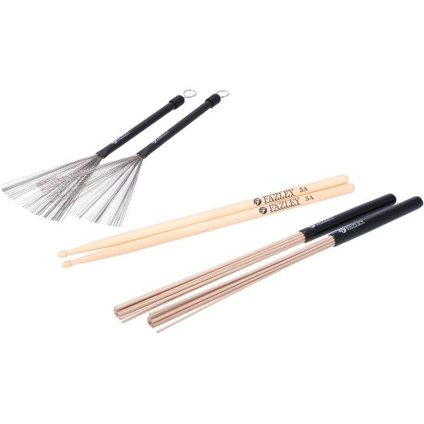 Drumstokken, brushes en rods - drie dingen die eigenlijk niet mogen ontbreken in de stokkentas van een allround drummer. In deze set zitten 5A drumstokken, metalen brushes en rods met sprieten van bamboe. Allemaal van Fazley!