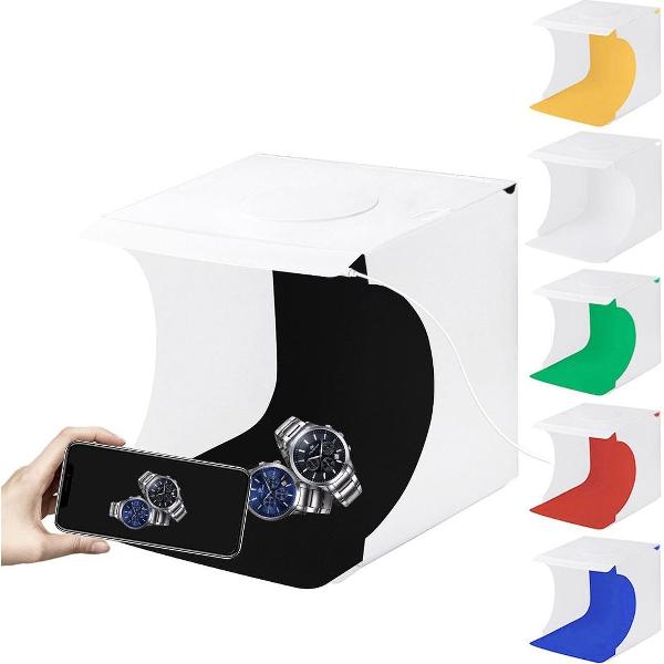 PULUZ 20cm opvouwbare draagbare 550LM lichte fotoverlichting Studio-opnametentkist met 6 kleurenachtergronden (zwart, wit, oranje, rood, groen, blauw), uitvouwmaat: 24cm x 23cm x 22cm