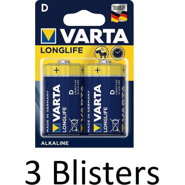 6 Stuks (3 Blisters a 2 st) Varta Longlife Alkaline D Batterijen