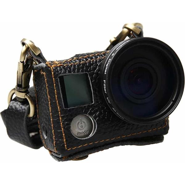 Voor GoPro HERO4 Litchi Texture lederen beschermhoes met sling (zwart)