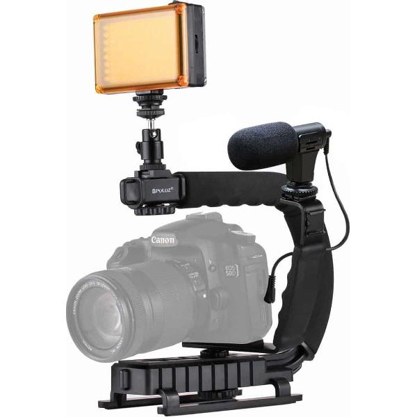 PULUZ U / C Shape Draagbare Handheld DV Bracket Stabilizer + LED Studio Light + Video Shotgun Microfoon Kit met Cold Shoe Statiefkop voor alle SLR-camera's en Home DV Camera
