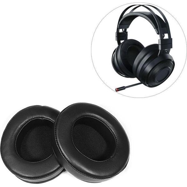 Luxe Lederen Oorkussen Set Voor Razer Kraken & Nari (Kitty Edition/Ultimate/Essential/THX) Headset- Vervangende Koptelefoon Earpads - Oor Kussens - Ear Pads - Oorkussens Met Noise Cancelling Memory Foam Binnenlaag - Zwart