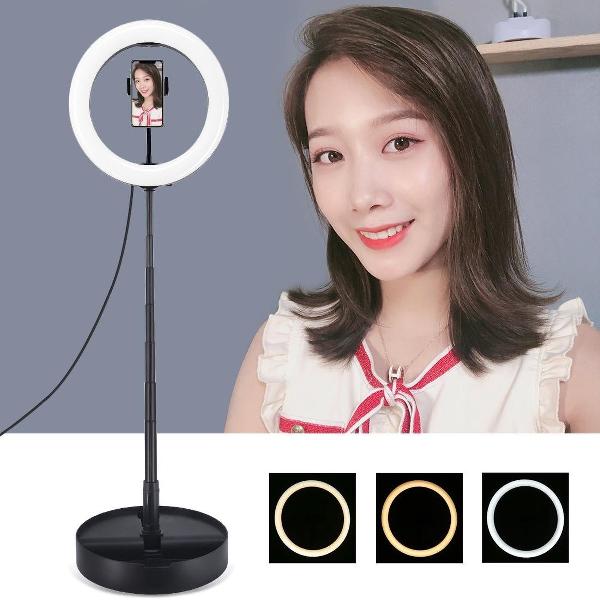 PULUZ 10,2 inch 26 cm USB 3-standen Dimbaar Dubbele kleurtemperatuur LED Gebogen ring Vlogging Selfie Fotografie Videolichten met opvouwbare desktophouder en telefoonklem (zwart)
