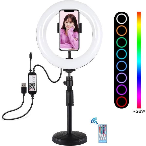 PULUZ 7.9 inch 20cm RGBW-licht + ronde basis Desktopmontage Dimbare LED Dubbele kleurtemperatuur LED Gebogen lichtring Vlogging Selfie Fotografie Videolichten met telefoonklem (zwart)