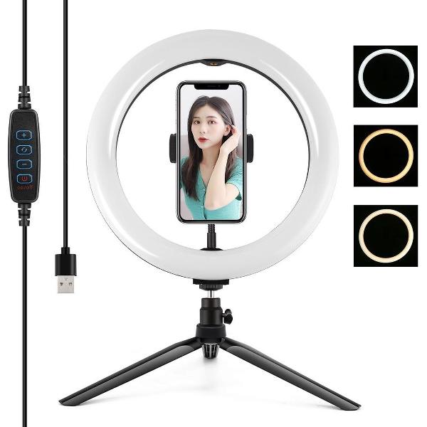 PULUZ Desktop-statiefbevestiging + 10,2 inch 26 cm USB 3-modi Dimbare dubbele kleurtemperatuur LED Gebogen diffuus lichtring Vlogging Selfie Fotografie Videolichten met telefoonklem (zwart)