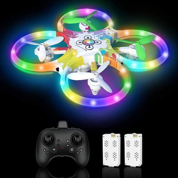 drone kinderen - ZINAPS Drone for Kids Colourful LED Lights Glow Night RC Quadrocopter 2 Batteries for 18 Minutes with 5 Smart Sensor Automatic Evasive Function Remote Control Toy Drone for Kids Gift