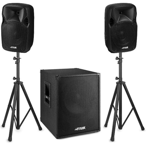 Speakerset - MAX MX700 DJ speakers met subwoofer - Ingebouwde versterker - 700W - Met statieven - Zwart