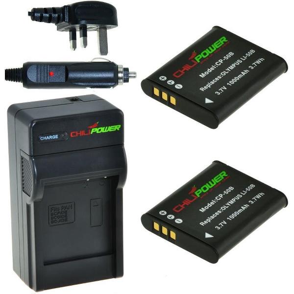 ChiliPower 2 x Li-50B accu's voor Olympus - Charger Kit + car-charger - UK versie
