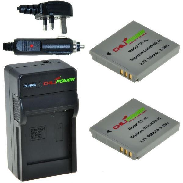 ChiliPower 2 x NB-4L accu's voor Canon - Charger Kit + car-charger - UK versie