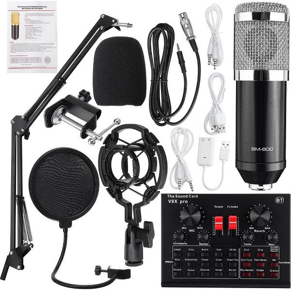 Condensator Microfoon Kit Pro Audio Studio Geluidsopname Microfoon met V8X PRO Muti-functionele Bluetooth Geluidskaart - Podcast-Streaming-Gaming-Game streamen zwart zilver