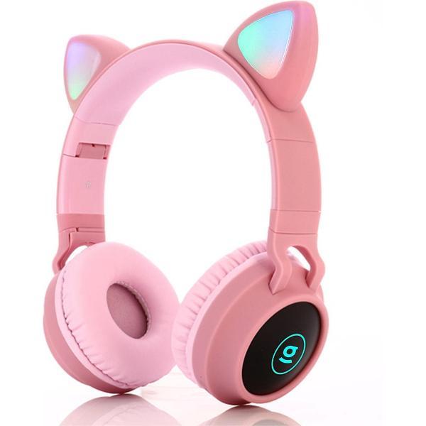 Kinder hoofdtelefoon - Draadloze koptelefoon Bluetooth met led kattenoortjes roze