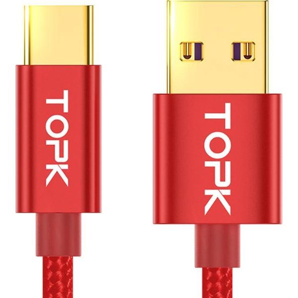 TOPK ® | USB-C Data en Laadkabel | 5.0A Snellader Kabel | Fast en Quick Charge Oplaadkabel | Type C Naar USB-A | Oplaadsnoer Telefoon | Laptop | Huawei | Samsung | Sony | OnePlus | Gevlochten Nylon | 1 Meter | Rood