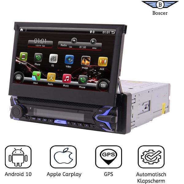 Boscer® 1Din Autoradio | Android 10 | 7' HD Automatisch Klapscherm | Apple Carplay & Android Auto | Navigatiesysteem | Motor Klapscherm | USB, Aux, Bluetooth, WIFI | Achteruitrijcamera