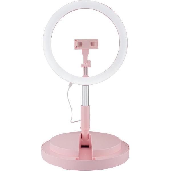 Avanca Selfie Ring Light Stand – Ringlamp met statief – Perfecte belichting voor Selfies, Video’s en TikTok – 3 lichtstanden - Inklapbaar - Roze