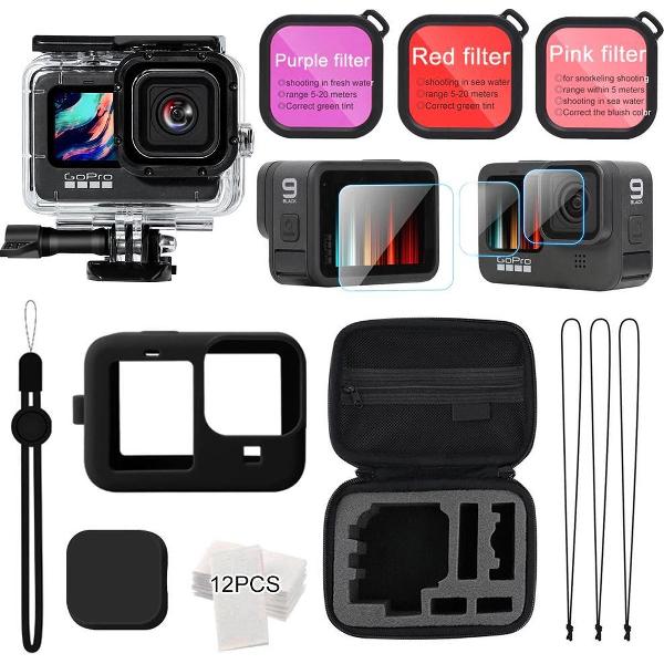 Waterdichte Behuizing voor GoPro Hero 9 Case - Duik Filter 3-pack - Siliconen Case Accessoires Set- Bescherming Screen Protector - Case Behuizing Filters Opbergtasje Screenprotectors