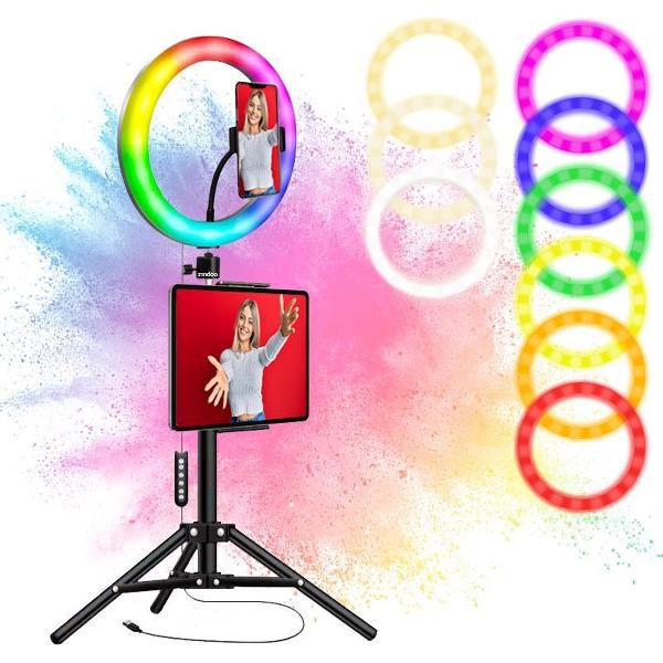 Zindoo 2 in 1 Multicolor Ringlamp XL - LED Ringlight met Statief - Telefoon & Tablet houder - Met Afstandsbediening - Dubbele houder - Selfie Ring licht - Studio Ring lamp - TikTok - Make-up - Vlog lamp - Facebook - Instagram - Verstelbaar Statief