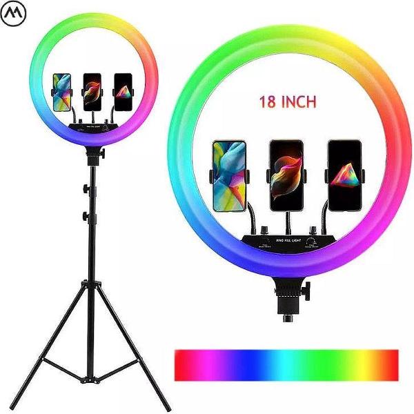 RGB Led Soft Ring Light MJ18 18 Inch (47 cm) met Statief/TikTok ringlamp met Diverse Kleuren/inclusief 3 Smartphone houders/ met afstandsbediening en opbergtas