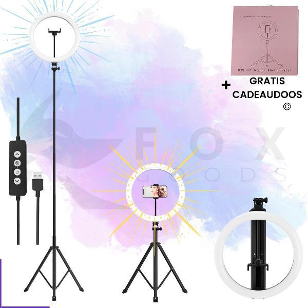 Fox Goods LED Ringlamp Met Inklapbaar Statief - Smartphonehouder - 200CM Hoog - 35CM / 12 Inch - Ringlicht - Ringlight - TikTok Lamp - Make Up Lamp - Flitser - Studiolamp