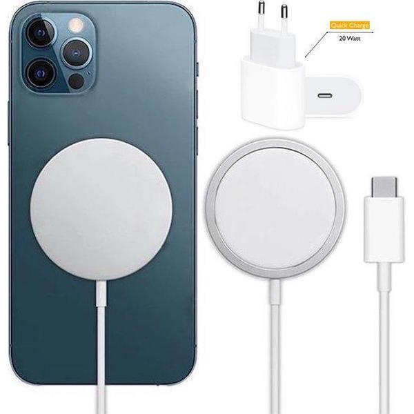 Magsafe Oplader Iphone 12 + USB-C Adapter– Geschikt voor iPhone 12 /Pro/Pro Max – Draadloze Oplader Magnetisch – Wireless Charger – Ook geschikt voor AirPods met Draadloze Oplaadcase – Wit - 15W met 20W USB-C adapter