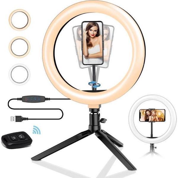 Safecourt LED Ringlamp met Statief Smartphone en Afstandbediening- Led Ringlamp USB 10 inch- 3 Lichtstanden - Tiktok / Studiolamp