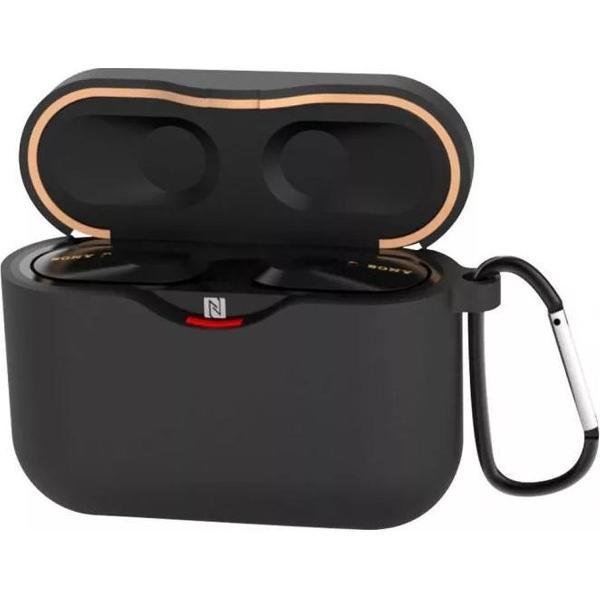 Luxe Siliconen Hoesje Voor Sony WF-1000XM3 Draadloze Oordopjes - Soft Case Cover Protector - Travel Beschermhoes - Reis Opberghoes Shell Beschermer Hoes - Met Musketon Haakje - Zwart