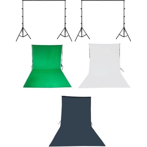 FOTOSTUDIO ACHTERGRONDSYSTEEM 2 x 3 METER MET 2 STATIEVEN EN 3 XXL ACHTERGRONDDOEKEN 3 x 6 meter