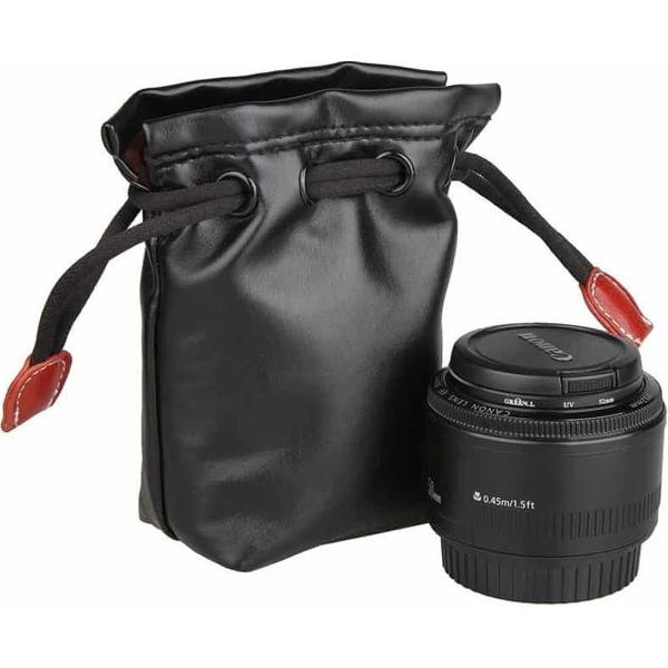 Zacht PU-leer + Villus opbergtas met vasthoudsnoer voor cameralens, afmeting: 70 mm x 60 mm x 130 mm