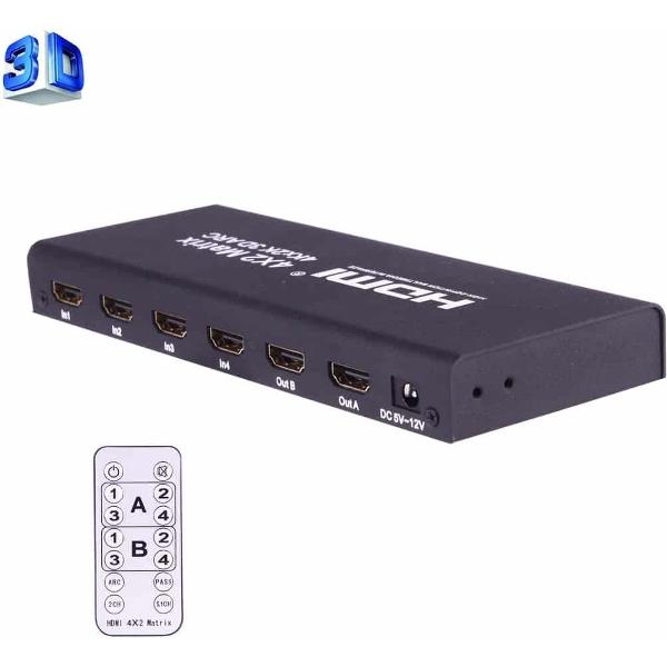 HDMI 4x2 Matrix-switcher / splitter met afstandsbediening, ondersteuning ARC / MHL / 4Kx2K / 3D, 4-poorten HDMI-ingang, 2 poorten HDMI-uitgang