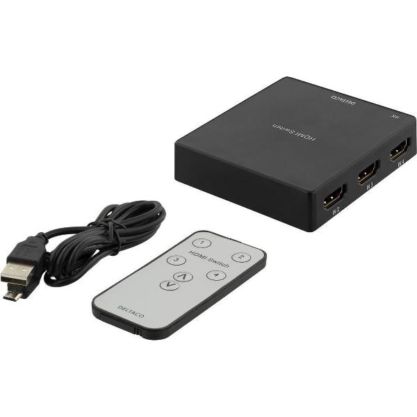 DELTACO HDMI-5001, HDMI-schakelaar met afstandsbediening, 4 bronnen, 4K-ondersteuning, HDCP 1.4, zwart