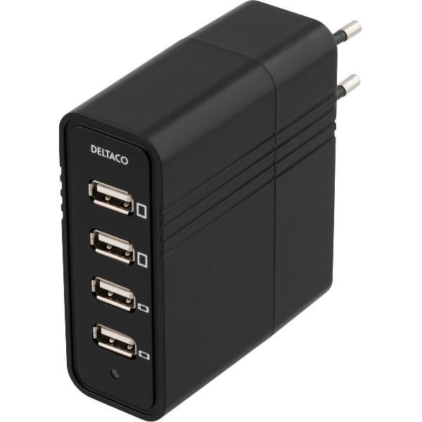 DELTACO USB-AC112 Wandlader, 230V tot 5V USB, 7A, 4x USB-poorten, zwart
