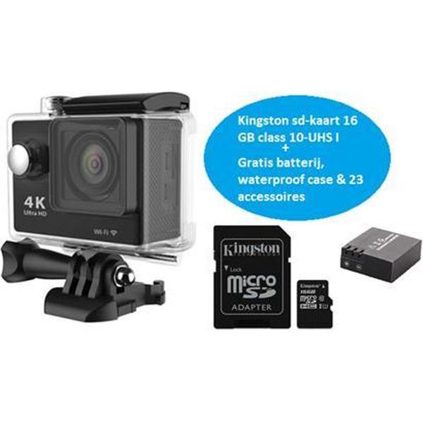 Lipa AT-4K action camera 4K en 12 MP - Wifi phone remote - Met 23 accessoires- Waterproof case- Beeldstabilisatie- Met SD 16 GB - Prijs gewonnen bij 