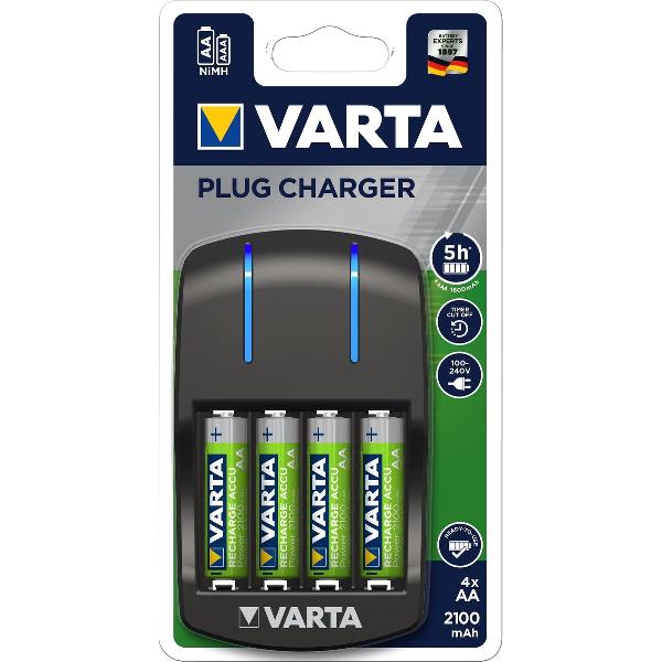 Varta Plug Batterij-Oplader met LED-Verlichting + 4 AA Batterijen Zwart