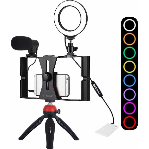 PULUZ 4-in-1 Vloggen Live-uitzending Smartphone-videotoestel + 4.7 inch 12cm RGBW Ring LED Selfie Light + Microfoon + Zakstatiefbevestigingssets met Cold Shoe-statiefkop (rood)