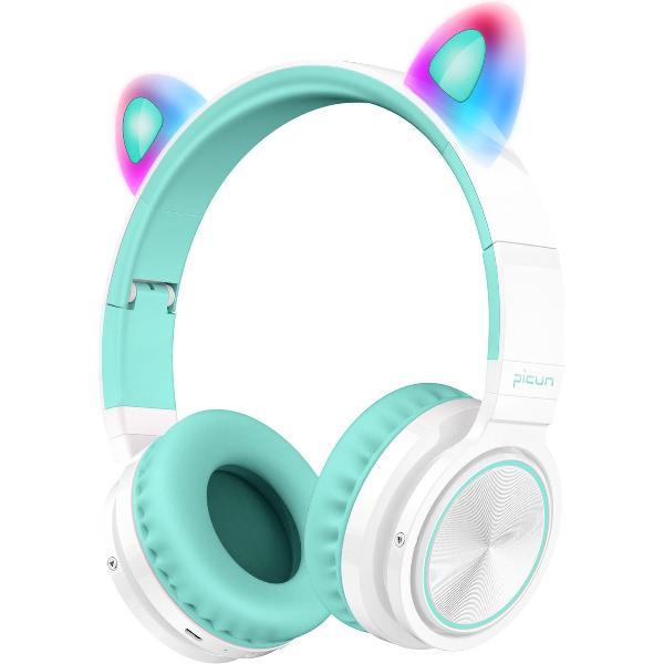 Lovnix Lucky Cat - Draadloze Bluetooth Kinderkoptelefoon - Over-Ear Koptelefoon voor Kinderen - Met Led Kat Oortjes - Wit/Groen